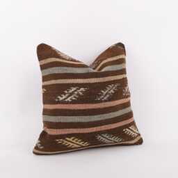 Vintage Turkish Kilim Pillow Cover Handwoven Wool Cushion - 16x16 - thumbnail 3