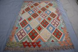 Afghan Kilim Area Rug 4x6 Ft, Fine Quality Handmade Wool Rug, Modern Flatweave Turkmen Living Room Bedroom Multicolor Carpet - thumbnail 1