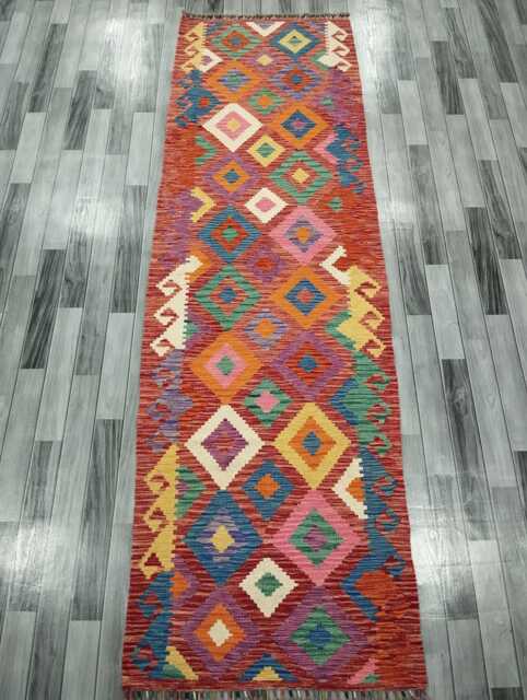 Colourful Runner Rug, Handmade Artisan Afghan Turkish Scandinavian Navajo Bohemian Flatweave Wool Multicolour Kilim Rug 299x89 cm - image 1