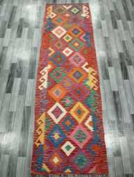 Colourful Runner Rug, Handmade Artisan Afghan Turkish Scandinavian Navajo Bohemian Flatweave Wool Multicolour Kilim Rug 299x89 cm - thumbnail 1