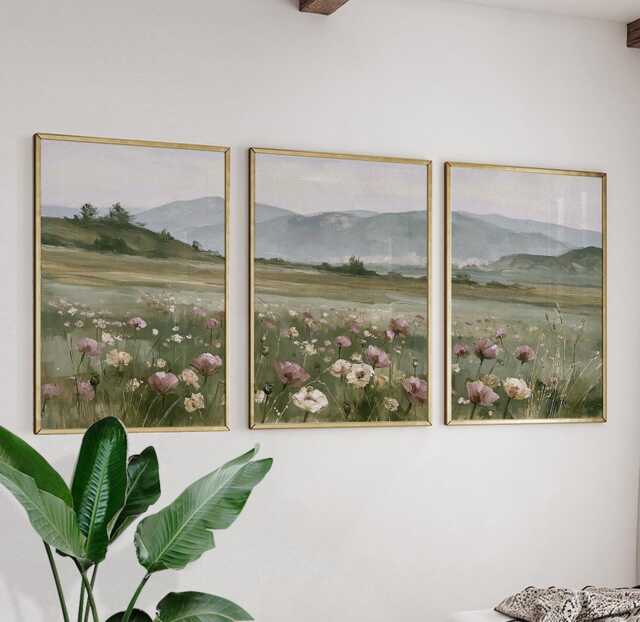 Floral Meadow Trio, Pink Landscape Wall Art Set - image 1