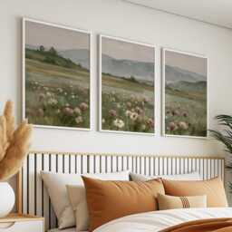 Floral Meadow Trio, Pink Landscape Wall Art Set - thumbnail 3