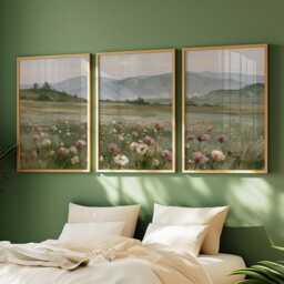 Floral Meadow Trio, Pink Landscape Wall Art Set - thumbnail 2