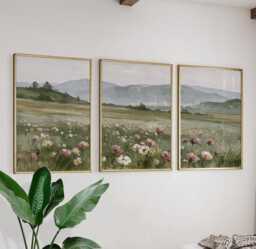 Floral Meadow Trio, Pink Landscape Wall Art Set - thumbnail 1
