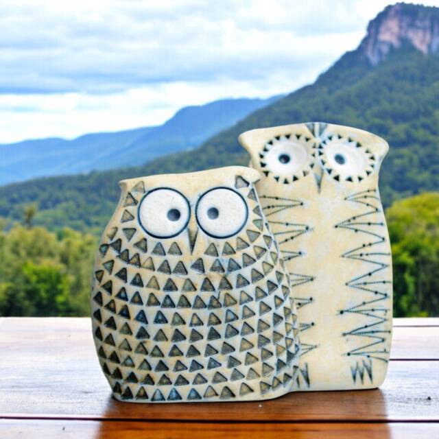 Set Two Ceramic Owl Housewarming Gift Collectible Figurine, Owls Ornament Minimal Art Rustic Natural Decor, Garden Sculpture - image 1