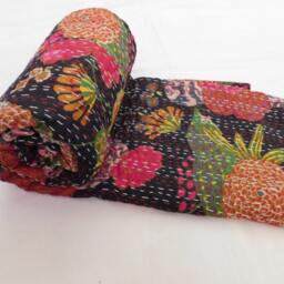 Tropical Floral Kantha Bedcover Handmade Indian Cotton Bedspread Throw - thumbnail 3