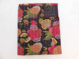 Tropical Floral Kantha Bedcover Handmade Indian Cotton Bedspread Throw - thumbnail 1