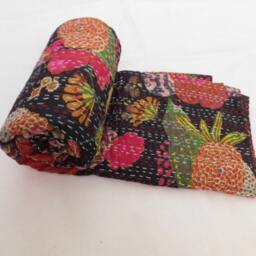 Tropical Floral Kantha Bedcover Handmade Indian Cotton Bedspread Throw - thumbnail 2