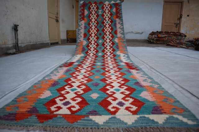 2'8x9'5 Ft Afghan Maimana Chub Runner Rug, Flatweave Oriental Handmade Stunning Kilim Turkmen Hallway Rug - image 1