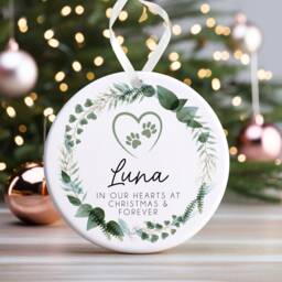 Dog Memorial Christmas Bauble - Pet Memory Ornament Cat Keepsake Loss Christmas, Gift - Name Floral Wreath - thumbnail 1