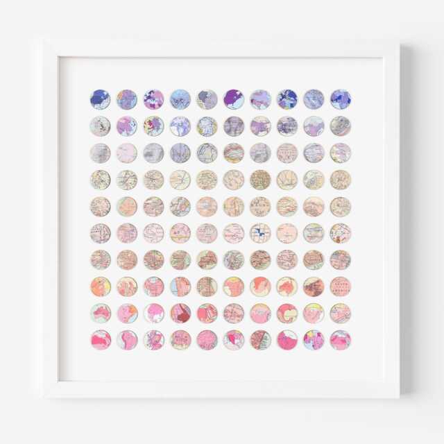 Original Pink & Violet Map Dot Artwork, 100 Ombre Dots Collage, 3D Paper Wood Panel Collage, Geometric Wall Art - image 1