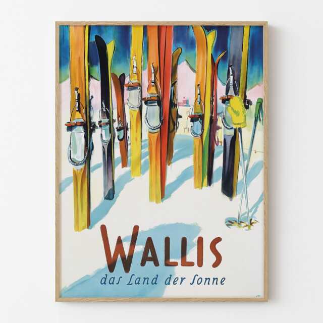 Vintage Switzerland Wallis Valais Ski Travel Poster Swiss Alps Winter Wall Art Print - image 1