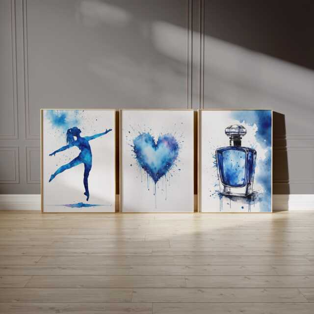 Blue Watercolor Print Set, Tween Teen Girl Room Decor, Gymnast/Dancer, Perfume, Heart - image 1