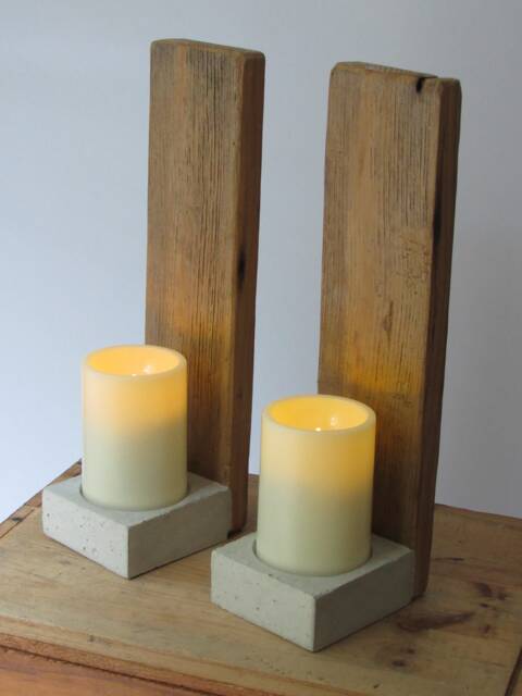 Reclaimed Barnwood Concrete Base Candle Wall Decor Sconce Pair - image 1