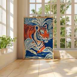 Jungle Tiger Wall Art Print, Blue & Orange Tropical Poster, Bold Wildlife Artwork, Modern Safari Animal Illustration - thumbnail 3