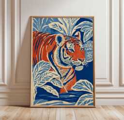Jungle Tiger Wall Art Print, Blue & Orange Tropical Poster, Bold Wildlife Artwork, Modern Safari Animal Illustration - thumbnail 1