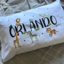 Personalised Safari Animals Pillowcase, Jungle Nursery Decor Custom Name Kids Bedding Watercolour Cushion - thumbnail 4