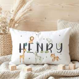 Personalised Safari Animals Pillowcase, Jungle Nursery Decor Custom Name Kids Bedding Watercolour Cushion