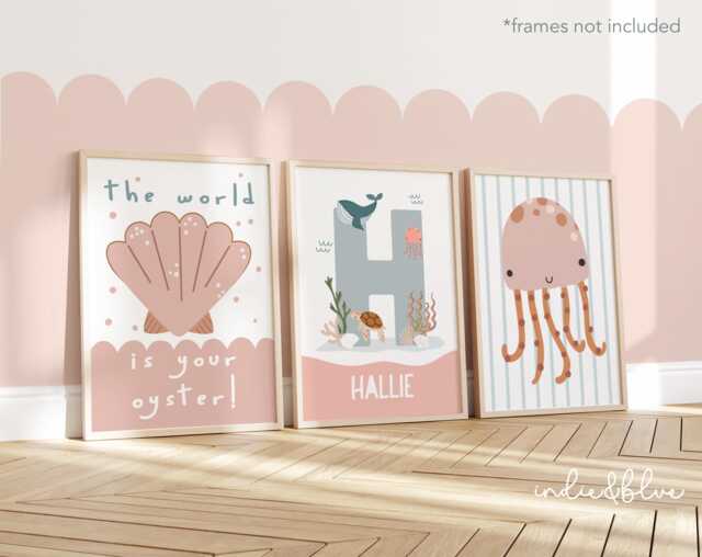 Set Of 3, Personalised Name Sea Animals Print Set, Girl Bedroom Gallery Wall, Under The Poster - image 1