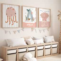 Set Of 3, Personalised Name Sea Animals Print Set, Girl Bedroom Gallery Wall, Under The Poster - thumbnail 3