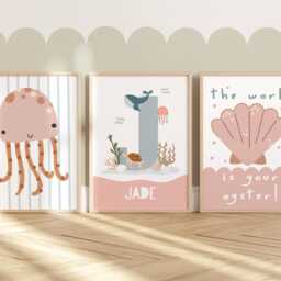 Set Of 3, Personalised Name Sea Animals Print Set, Girl Bedroom Gallery Wall, Under The Poster - thumbnail 2