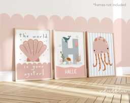 Set Of 3, Personalised Name Sea Animals Print Set, Girl Bedroom Gallery Wall, Under The Poster - thumbnail 1