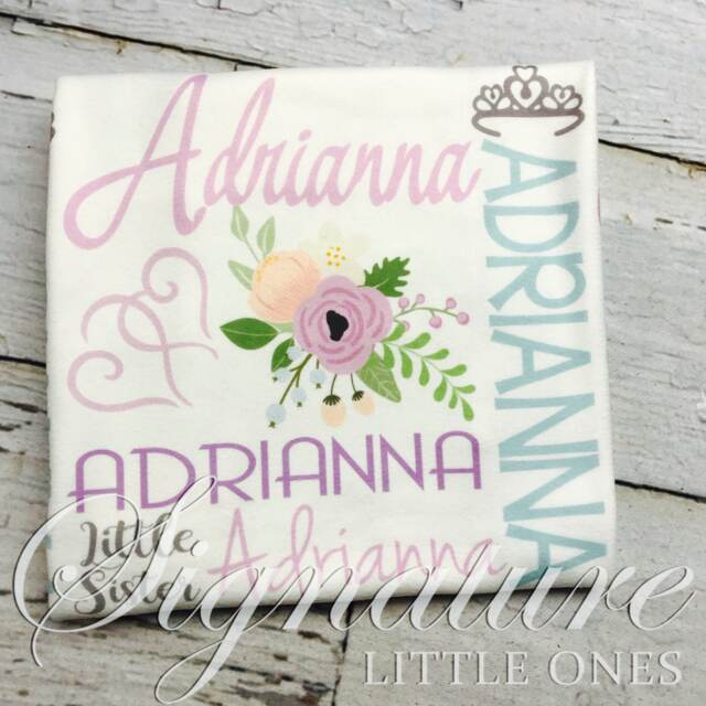 Personalized Baby Flower Blanket, Name Swaddle Receiving Shower Gift, Birth Announcement Hat - image 1