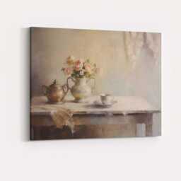 Vintage Tea Pot Rose Vase Still Life Canvas Wall Art Print Decor Picture Ready To Hang - thumbnail 4