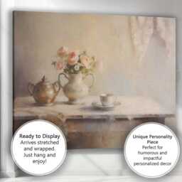 Vintage Tea Pot Rose Vase Still Life Canvas Wall Art Print Decor Picture Ready To Hang - thumbnail 3