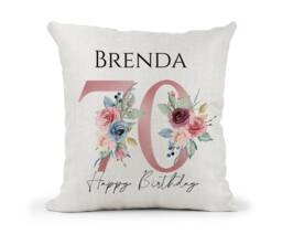 Personalised 70Th Special Birthday Cushion Pink & Blue Floral Mum, Nan, Friend, Sister Gift - thumbnail 1