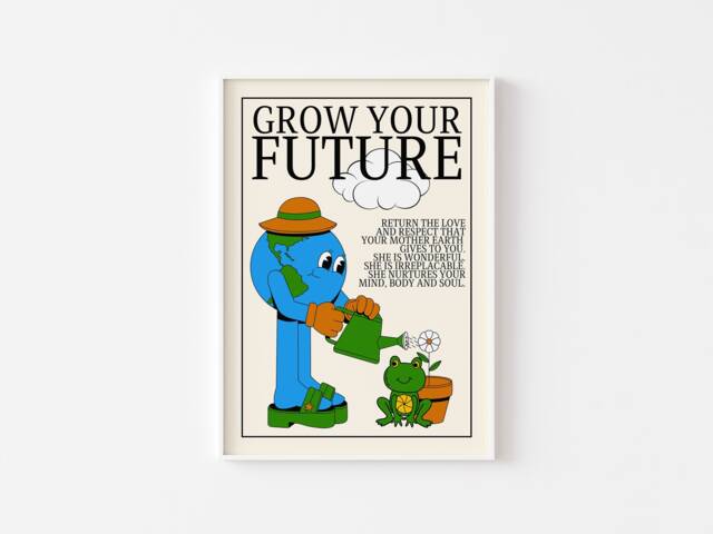 Mother Earth Retro Character Print - Grow Your Future, Flowers Plants, Mascot, Love Our Planet, Positive Cute Cartoon Poster - image 1