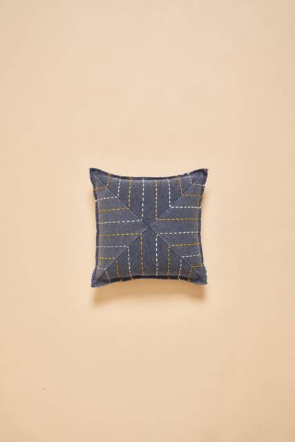 Vintage Indigo Blue Pieced Recycled Cotton Slub Cushion Cover With Hand Embroidery in White & Yellow - 45x45cm 18x18Inch - image 1