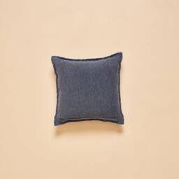 Vintage Indigo Blue Pieced Recycled Cotton Slub Cushion Cover With Hand Embroidery in White & Yellow - 45x45cm 18x18Inch - thumbnail 2