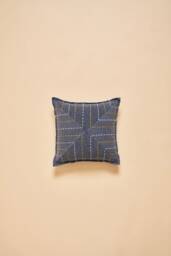 Vintage Indigo Blue Pieced Recycled Cotton Slub Cushion Cover With Hand Embroidery in White & Yellow - 45x45cm 18x18Inch - thumbnail 1