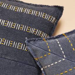 Vintage Indigo Blue Pieced Recycled Cotton Slub Cushion Cover With Hand Embroidery in White & Yellow - 45x45cm 18x18Inch - thumbnail 3