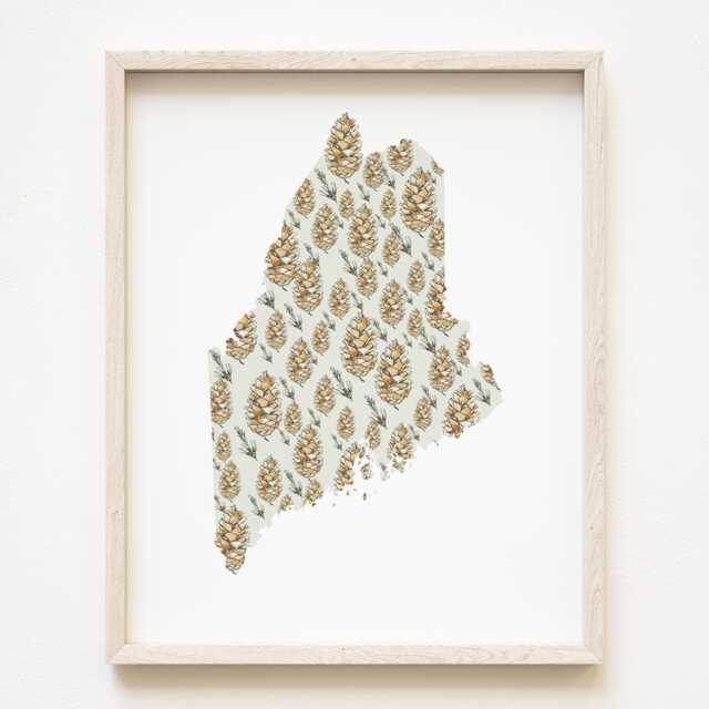 Maine State Flower Map Watercolor White Pine Cone Tassel - Art Print Wall Graduation Wedding Realtor Moving Gift Northeast New England - image 1
