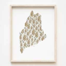 Maine State Flower Map Watercolor White Pine Cone Tassel - Art Print