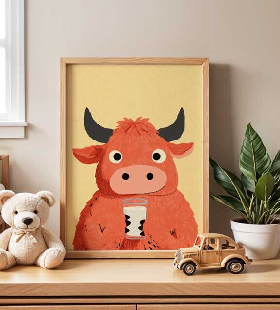 Highland Cow Nursery Wall Art, Cute Animal Illustration, Kids Farm Print, Playful Baby Room Poster, Adorable Calf Drinking Milk Decor - image 1