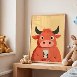Highland Cow Nursery Wall Art, Cute Animal Illustration, Kids Farm Print, Playful Baby Room Poster, Adorable Calf Drinking Milk Decor - thumbnail 3