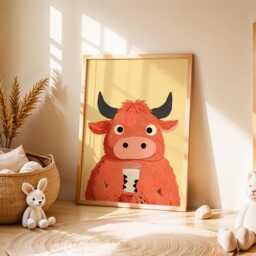 Highland Cow Nursery Wall Art, Cute Animal Illustration, Kids Farm Print, Playful Baby Room Poster, Adorable Calf Drinking Milk Decor - thumbnail 2
