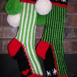 Old Fashioned Hand Knit Lime & White Bold Vertical Stripes With Red Heart Detail Christmas Stocking - thumbnail 2