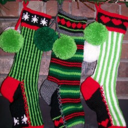 Old Fashioned Hand Knit Lime & White Bold Vertical Stripes With Red Heart Detail Christmas Stocking - thumbnail 3
