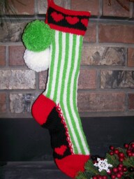 Old Fashioned Hand Knit Lime & White Bold Vertical Stripes With Red Heart Detail Christmas Stocking - thumbnail 1