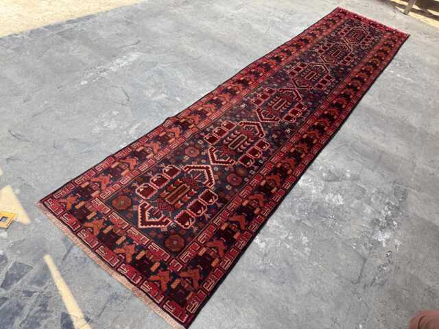 2'11x12'8 Baluchi Runner Rug - Hand-Knotted High Pile Wool Tribal , Oriental Turkmen Floral Design Sophisticated Home Decor Rug - image 1