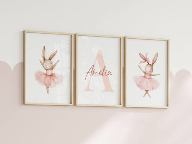 Set Of 3 Bunny Ballet Nursery Prints - Custom Baby Name Rabbit Ballerina Posters Personalised Girl Room Decor Dusky Pink Unframed - image 1