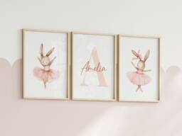 Set Of 3 Bunny Ballet Nursery Prints - Custom Baby Name Rabbit Ballerina Posters Personalised Girl Room Decor Dusky Pink Unframed - thumbnail 1