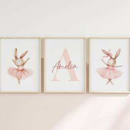 Set Of 3 Bunny Ballet Nursery Prints - Custom Baby Name Rabbit Ballerina Posters Personalised Girl Room Decor Dusky Pink Unframed - thumbnail 3