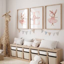 Set Of 3 Bunny Ballet Nursery Prints - Custom Baby Name Rabbit Ballerina Posters Personalised Girl Room Decor Dusky Pink Unframed - thumbnail 2
