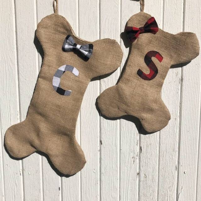 Buffalo Plaid Burlap Dog Bone Christmas Stocking With Bow/Bow Tie-Red/Black & Black/White Check - Personalize Letter - image 1