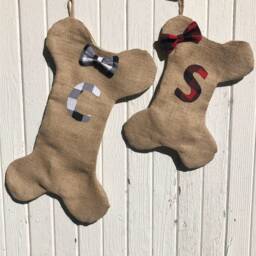 Buffalo Plaid Burlap Dog Bone Christmas Stocking With Bow/Bow Tie-Red/Black & Black/White Check - Personalize Letter - thumbnail 1
